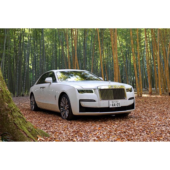 Rolls-Royce Ghost HD White Car High Trees Background Indoor - 24x36 Inch Glossy Laminated Poster - Stunning Detail and Bold Colors