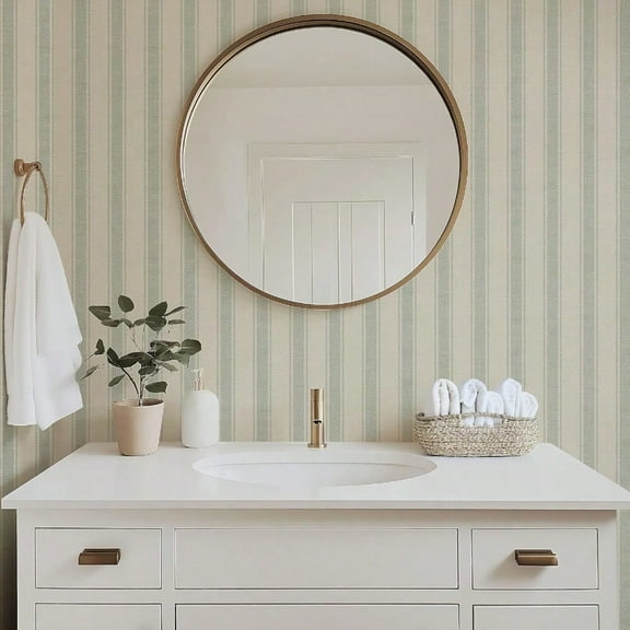 RollsRolla Beige Stripe Peel and Stick Fabric Canvas Wallpaper Temporary Wallpaper for Accent Wall Bathroom Bedroom Living Room Green