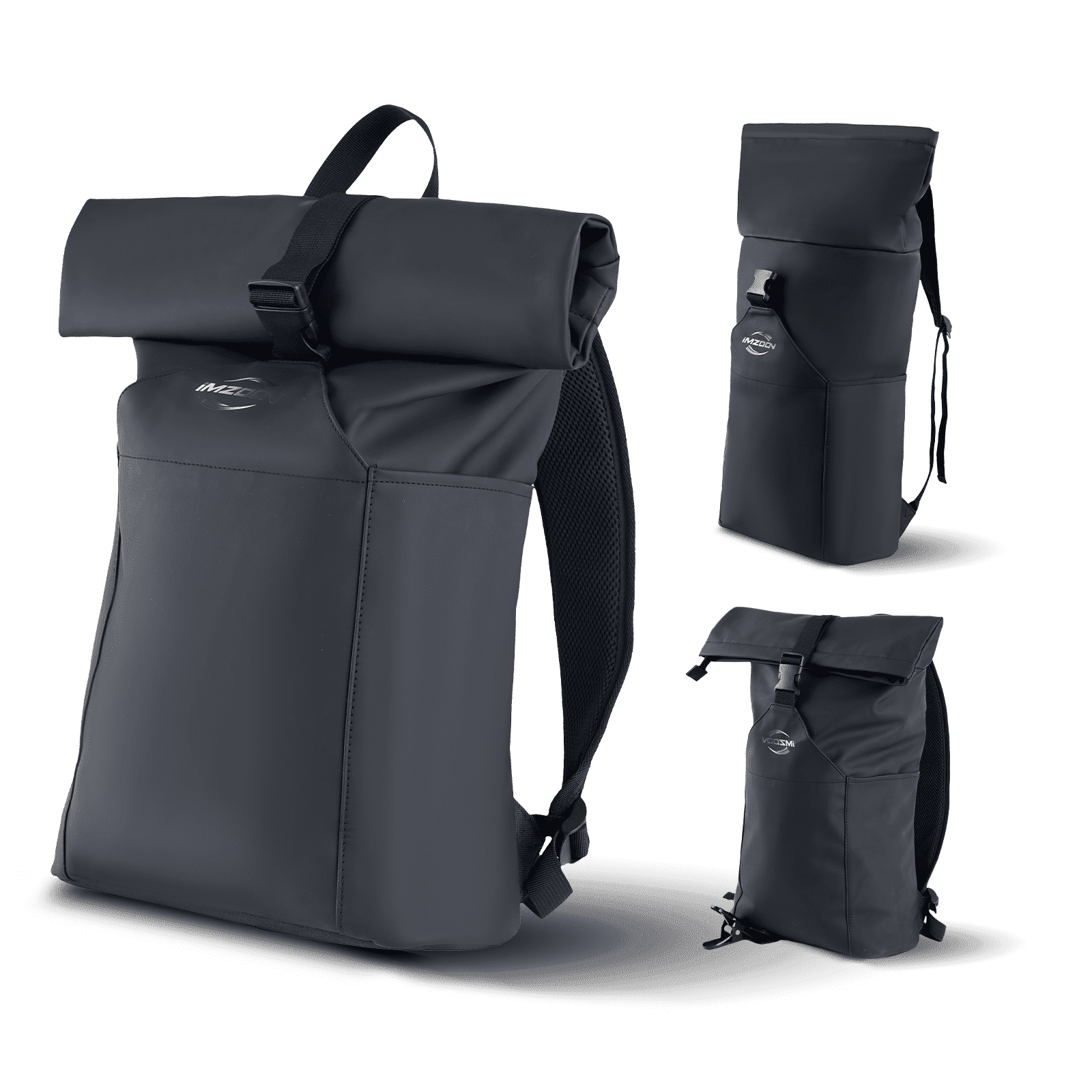 IMZOON Rolltop Backpack for Men Women, Lightweight,PU Waterproof Bag Laptop Backpack Fits 16 inch Laptop Large Capacity Adjustable 23L for Travel Sports Work University Camping,Black