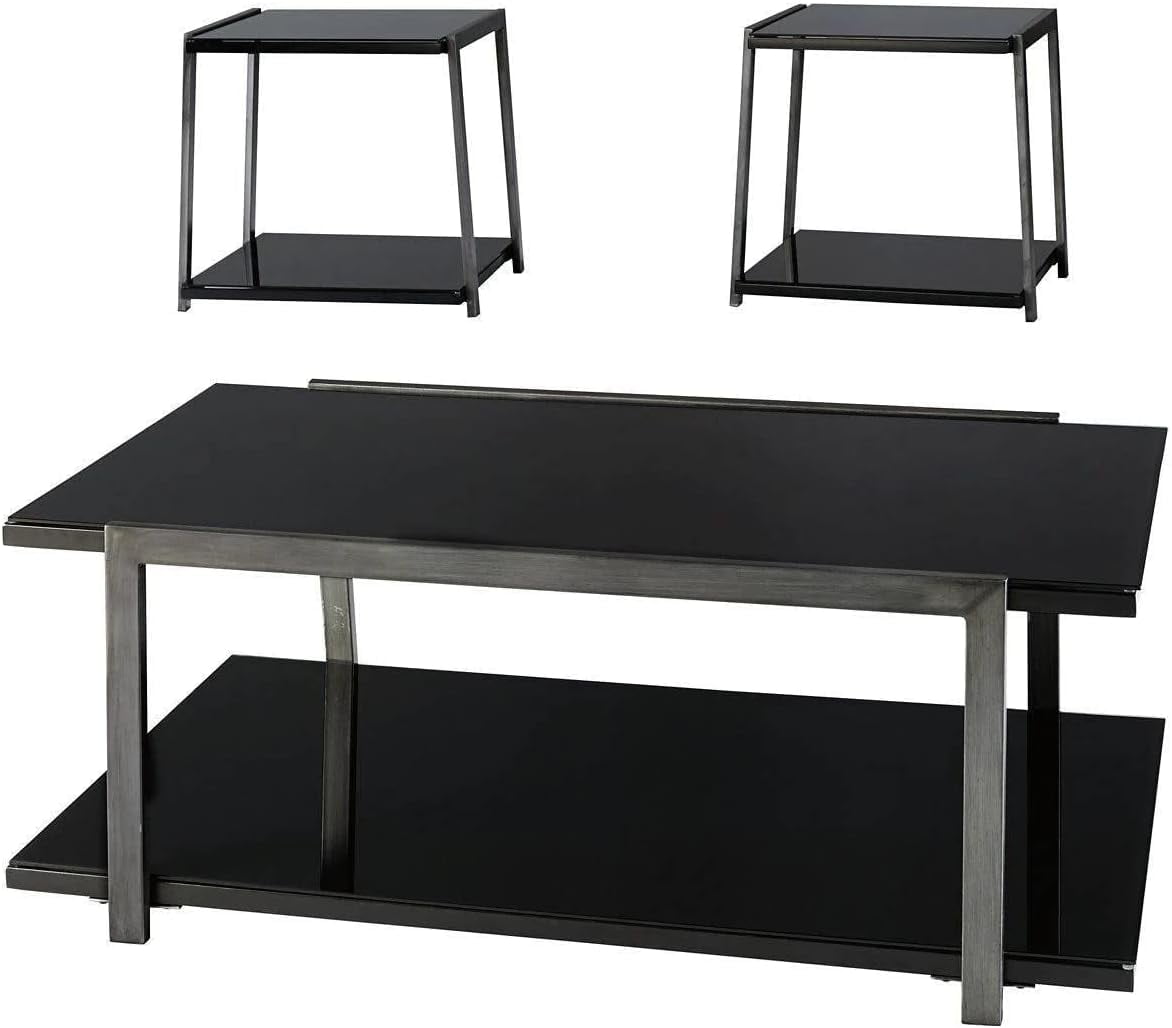 Rollynx Black Glass and Metal 3-Piece Coffee Table Set