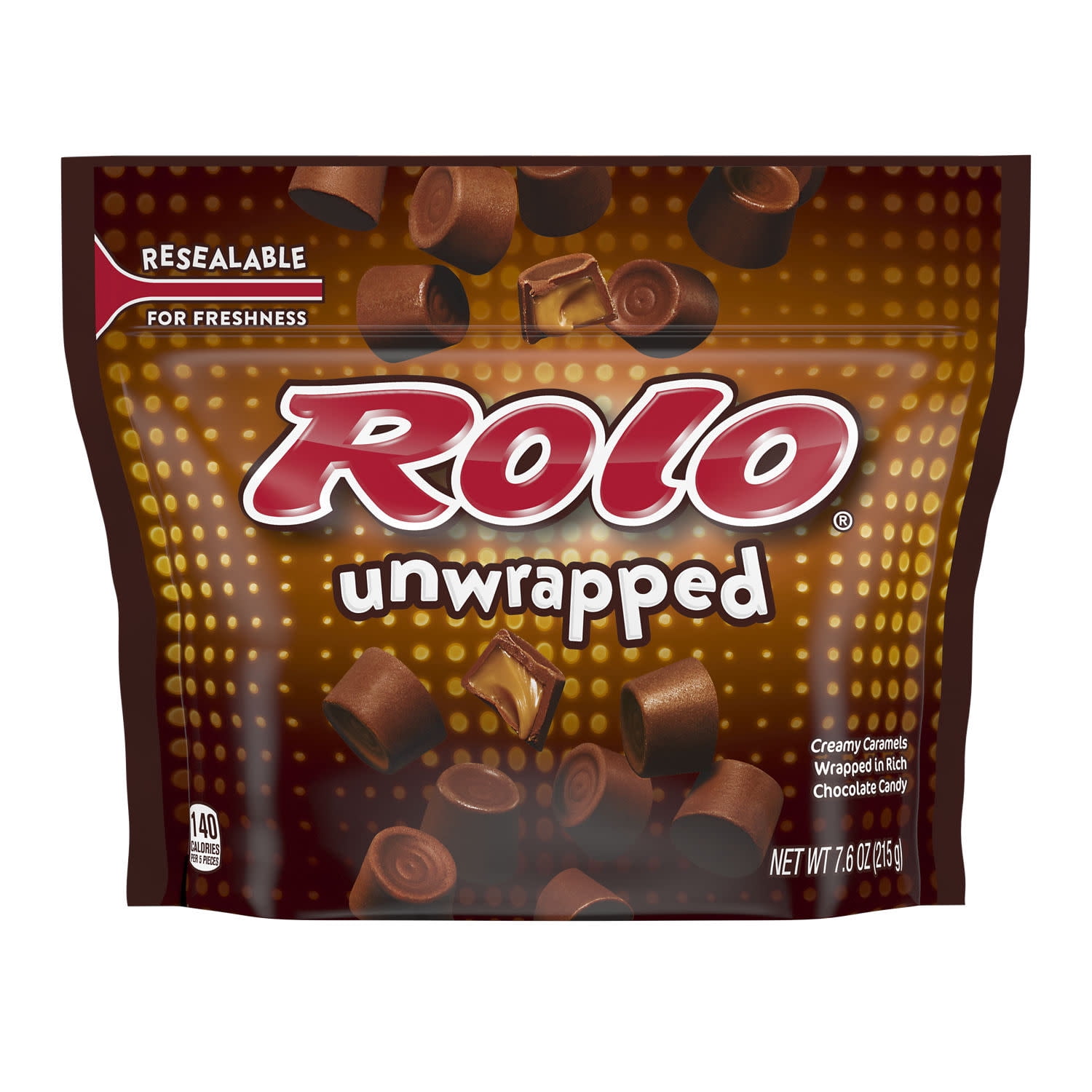 Rolo Unwrapped Rich Chocolate Caramels Candy, Resealable Bag 7.6 oz