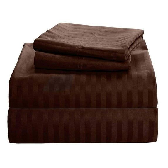 Rolux Linen 800-Thread-Count Premium Feel - Sateen Weave Night Sweats 100% Egyptian Cotton Sheet Set Fits 9-12 Inches Deep Pocket ( Twin Size Stripe, Brown )