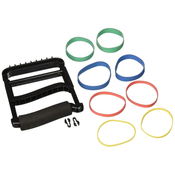 Rolyan Ergonomic Hand Exerciser with Padded Handle, Adjustable Grip Strength Trainer with 4 ColorCoded Rubber Bands, Finger & Hand Exerciser for Therapy, Rehab, Strength Training, Black
