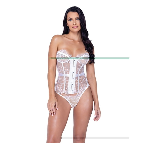 Roma Confidential Women's "Fantasy" White 2-Piece Sheer Scalloped Eyelash Lace Bustier Set - Medium