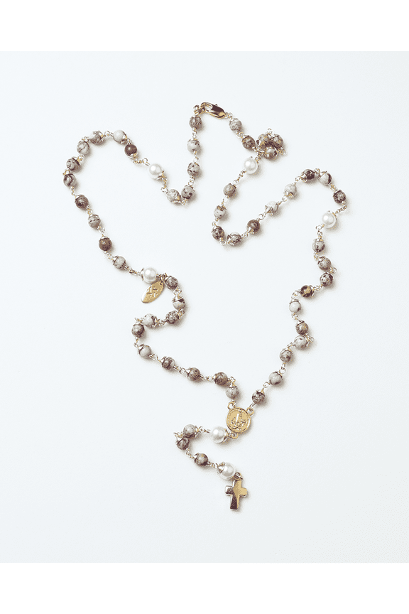 Roma Entorchado Rosary in Brown Purple and Turquoise Marbled Jasper Freshwater Pearls Small with 14k Gold Vermeil Cross and Signet