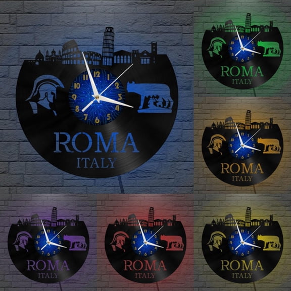 Roma Italy City View 12 Inch Vinyl Record Wall Clock - Silent, Creative, and Unique Clock for Living Room, Entryway, or Bedroom Decor - Perfect Gift Idea(12 inchs B with LED)