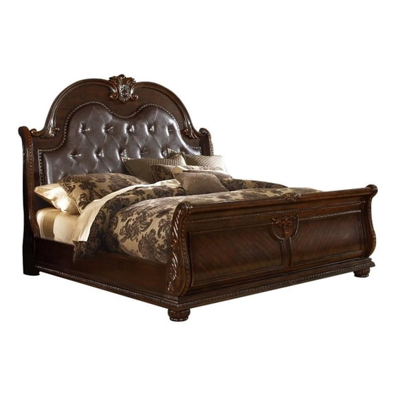 Roma King Size Traditional Upholstered Bed made with Wood in Dark Walnut