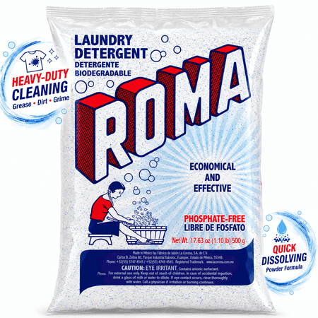 Roma Laundry Detergent, Heavy-Duty Use, All Ages, Biodegradable & Phosphate-Free, Fast Dissolving Laundry Detergent, Powder Cleanser with Anionic Surfactant, 17.63 oz