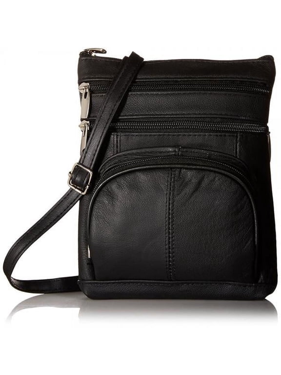 Genuine Leather Multi-Pocket Crossbody Purse Bag (Black)