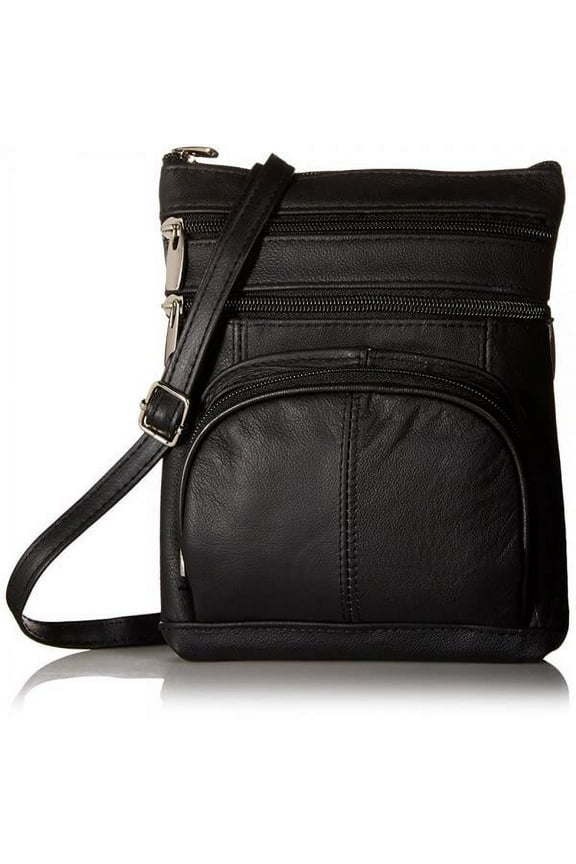 Genuine Leather Multi-Pocket Crossbody Purse Bag (Black)