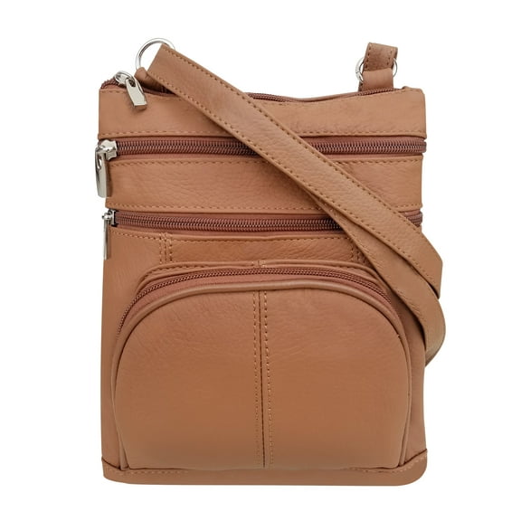 Roma Leathers Genuine Leather Multi-Pocket Crossbody Purse Bag (Light Brown)