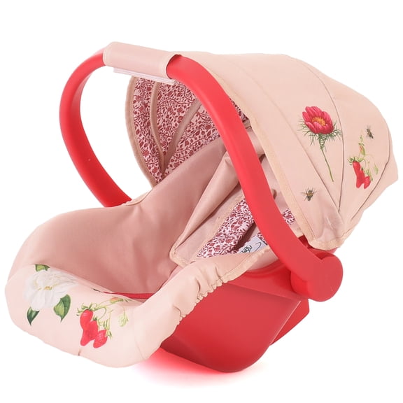 Roma Prams: RHS Doll Car Seat - Flora - Cream & Red, Carrier Travel Accessory, Adjustable Canopy & Handle, Roleplay Toy For Dolls Up To 16.5", Kids 3+
