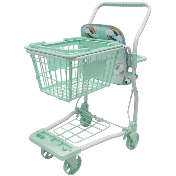 Roma Prams: Rupert Shopping Trolley - Mint Green-Rainbows - Push Cart, Removable Grocery Basket, Swivel Wheels, Doll Accessory, Roleplay Toy, Kids 3+