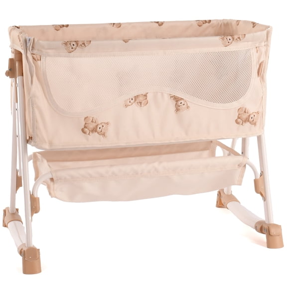 Roma Prams: Teddy Doll Bedside Crib - Beige & Bear, Rocking & Stationary, Bedtime Accessory, Adjustable Station Height, Storage, Roleplay Toy, Kids 3+