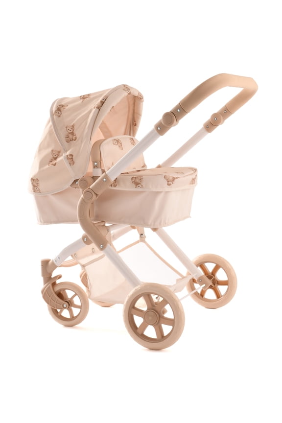 : Teddy Single Doll Pram - Beige & Bear, Convertible 2-In-1: Carry Cot & Seat, Folding Push Stroller, Toy Accessory, Dolls To 16.5", Kids 3+