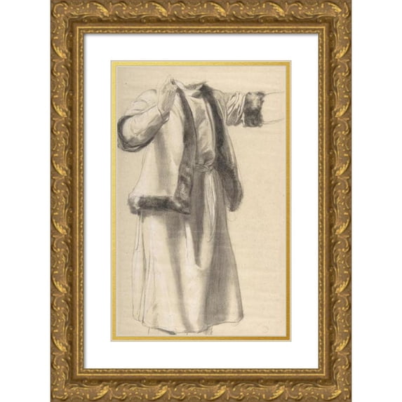 Romain Cazes 12x18 Gold Ornate Wood Frame and Double Matted Museum Art Print Titled - Figure in a Fur Trimmed Jacket (1828-81)