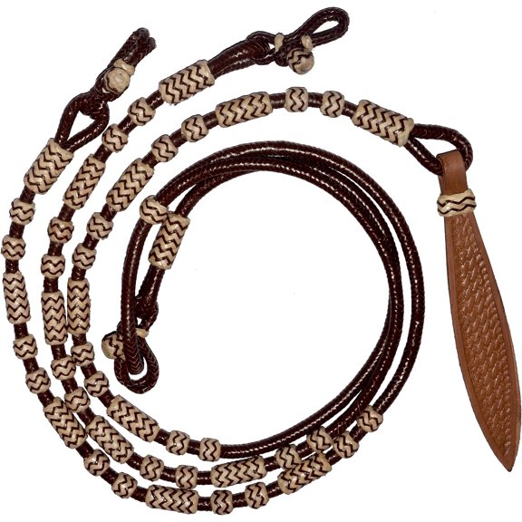 Romal Reins with Natural Brown Knots Raw Hide Leather Horse Tack Hand-Braided Rein Hand Made Ranch Rope - 8.5 Ft Rein, 52' Romel
