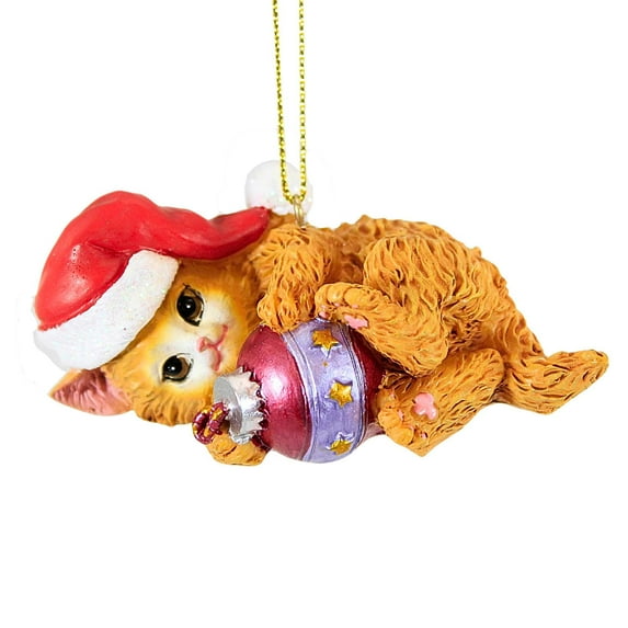 Roman 1.25In Cat Wearing Santa Hat, Polyresin, Kitten Feline 137020 Orange