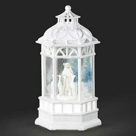 Roman 10.5" White and Blue LED Swirl Santa with Deer Christmas Tabletop Decor