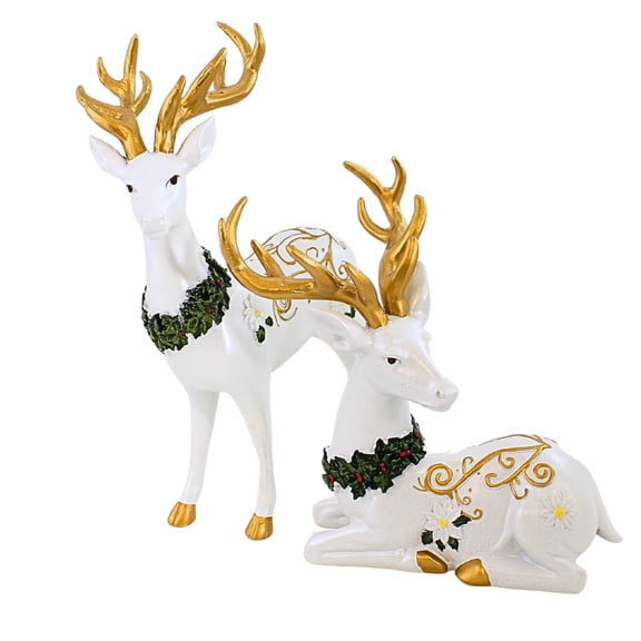 Roman 10.75In Deer Figurines White Poinsettia, Polyresin, Reindeer Elegant 138578