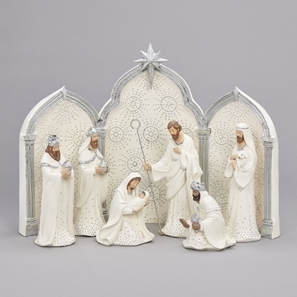 Silver and White Nativity Scene with Triptych Backdrop, 11.25 inch