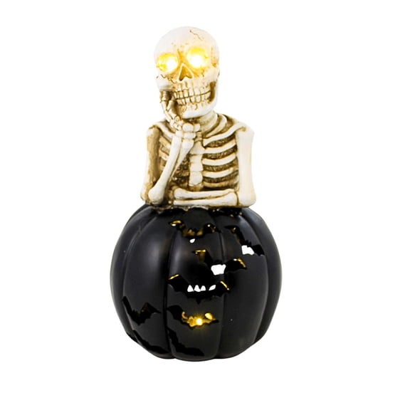 Roman 14.00In Lighted Skeleton On Black Pumpkin With Bat Cutouts, Polyresin, Lighted Battery Operated 138350
