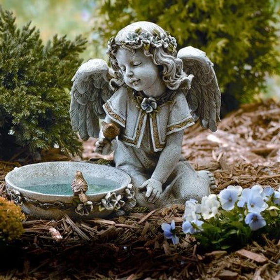 Joseph Studio 62852 Tall Angel Sitting By Solar Bird Bath Statue, 11-Inch