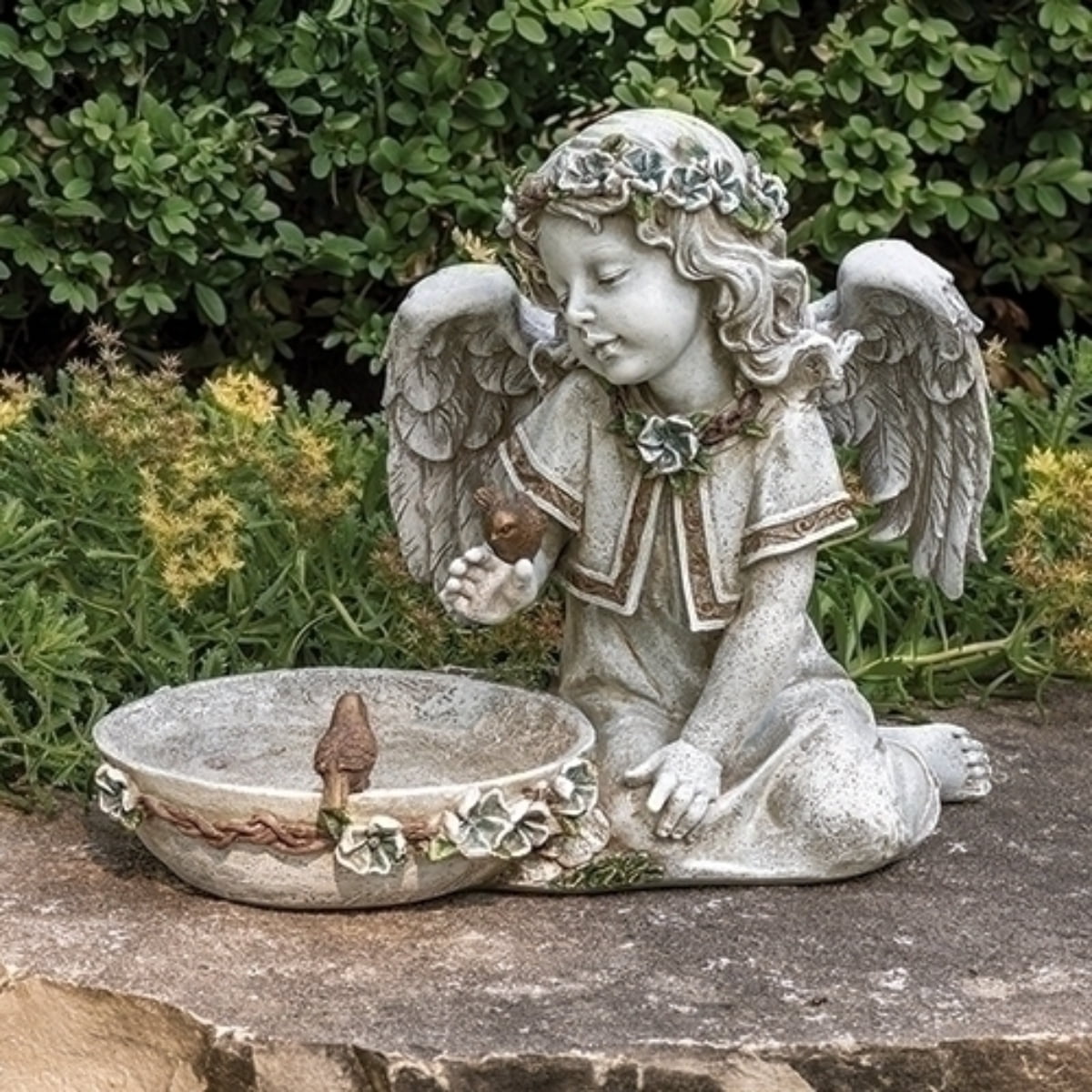 Gray Resin Solar Angel Bird Bath Garden Statue