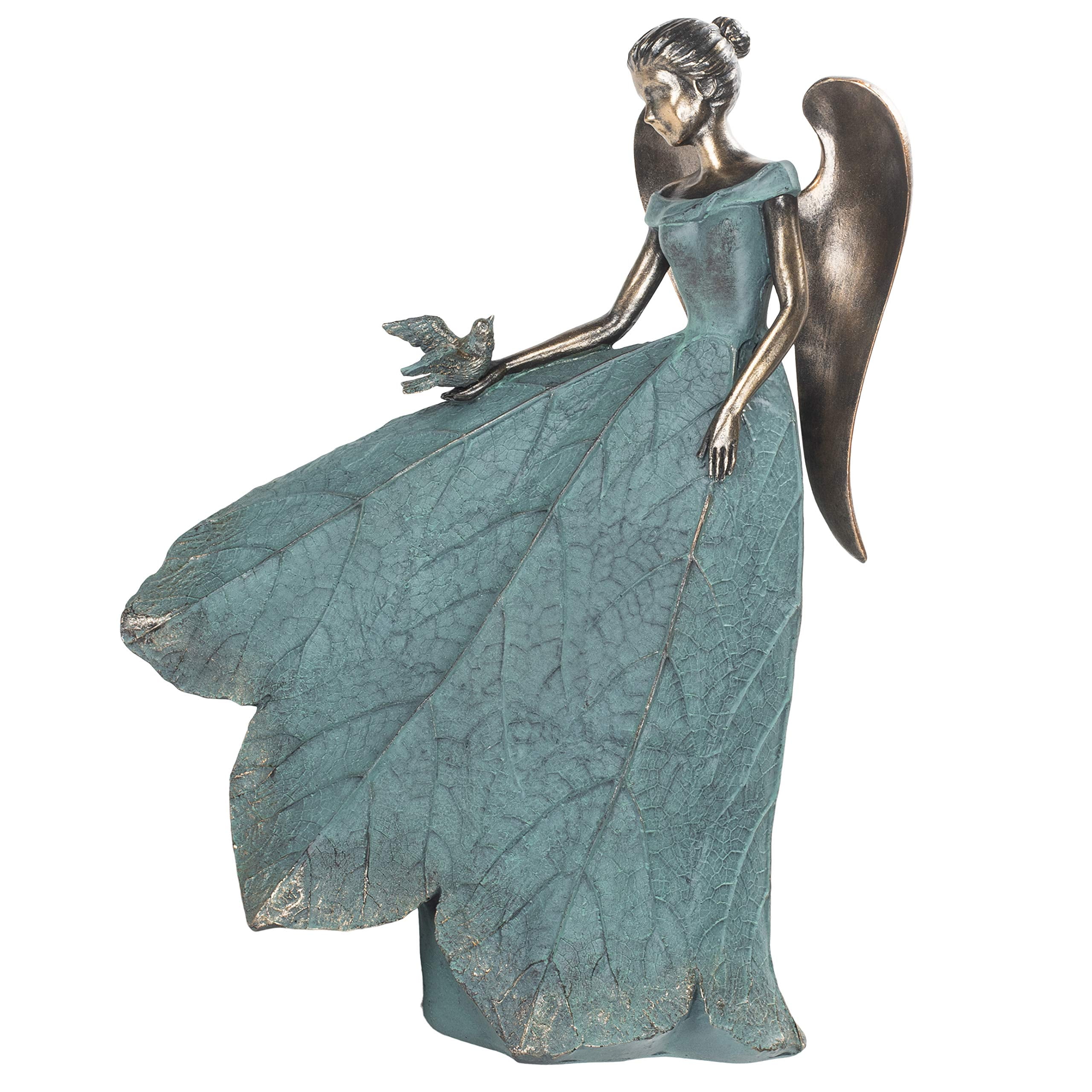 Bronze Angel and Bird Garden Statue with Blue Leaf Gown