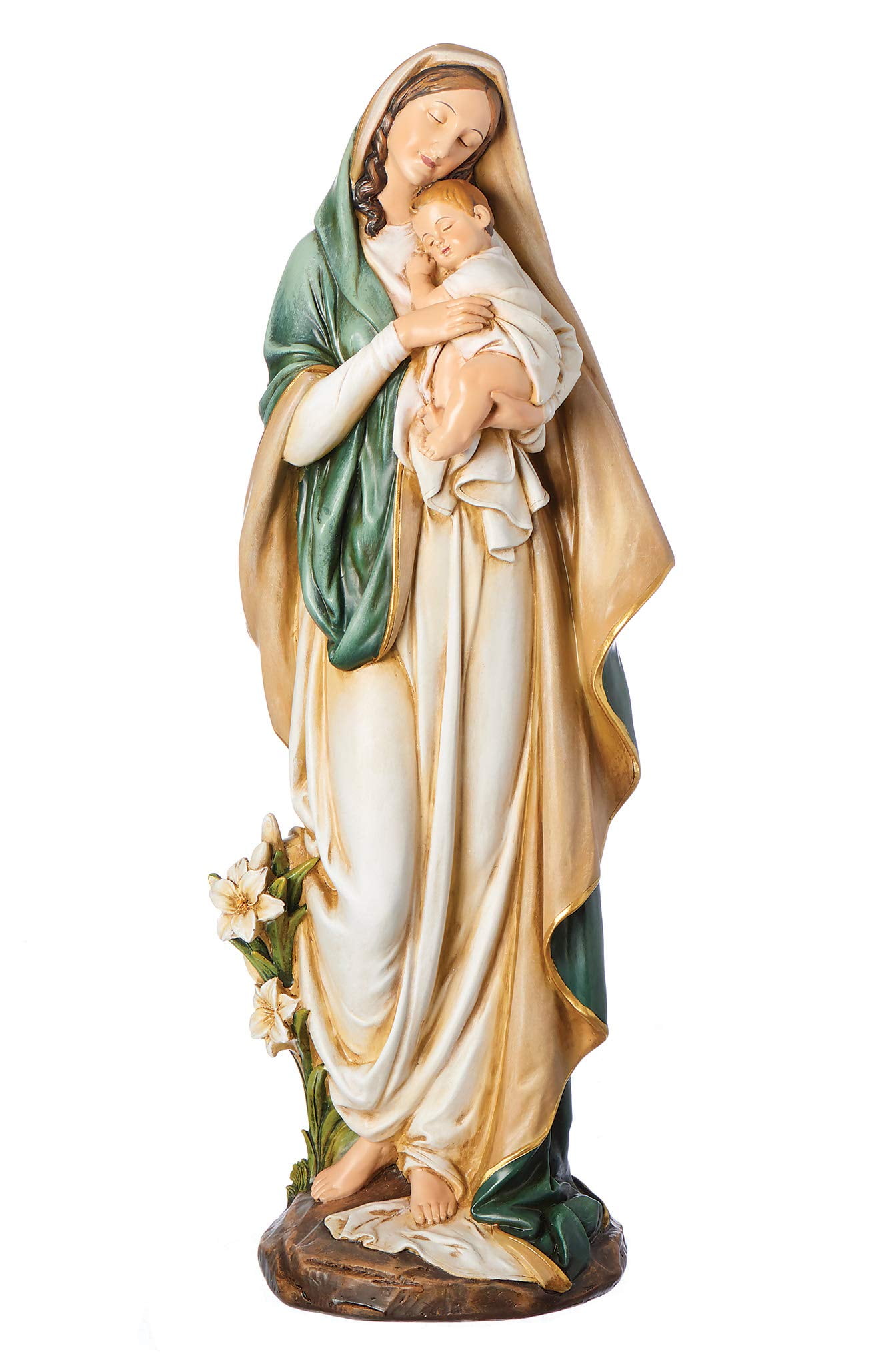 16.25 Inch Resin Madonna and Child Figurine with Lilies