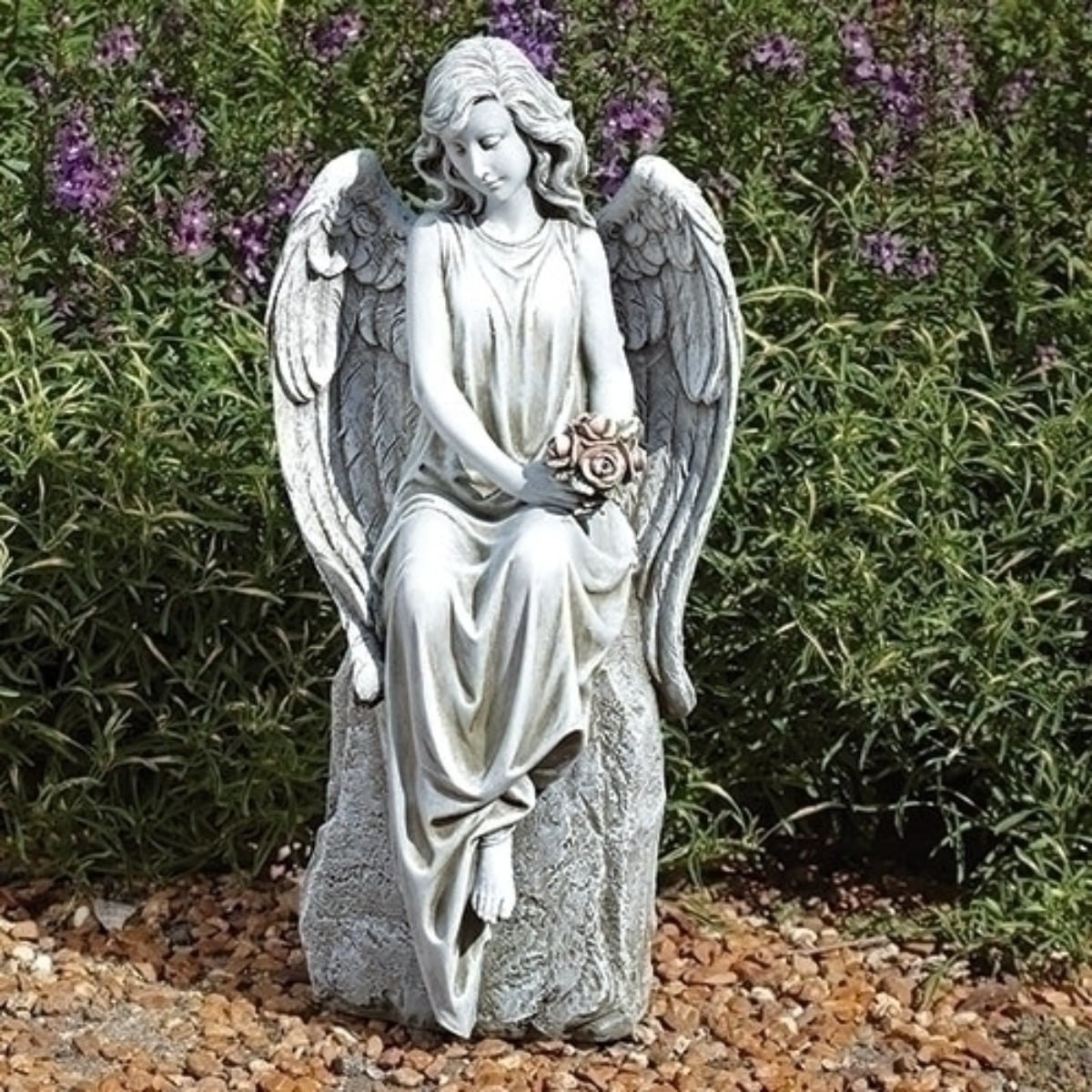 Gray Resin Angel with Flowers Outdoor Garden Statue