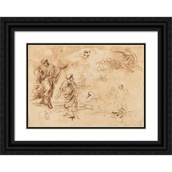 Roman 17th Century 24x18 Black Ornate Framed Double Matted Museum Art Print Titled: Studies for a Biblical Scene with God the Father Appearing to a Bearded Male Figure (Mid-17th Ce
