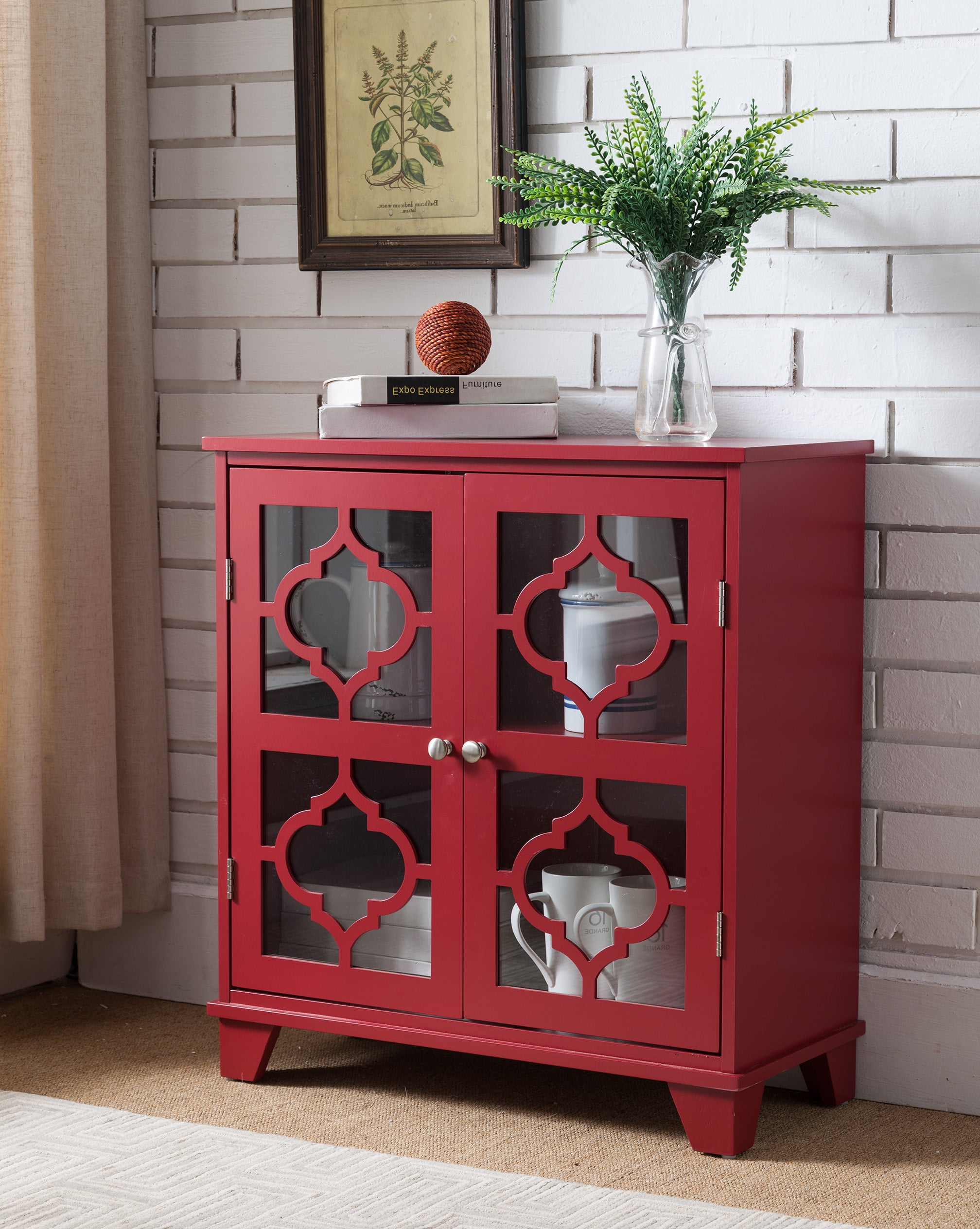 Roman 2 Door Entryway Accent Display Cabinet With Storage Shelf Glass Doors Red Wood Contemporary