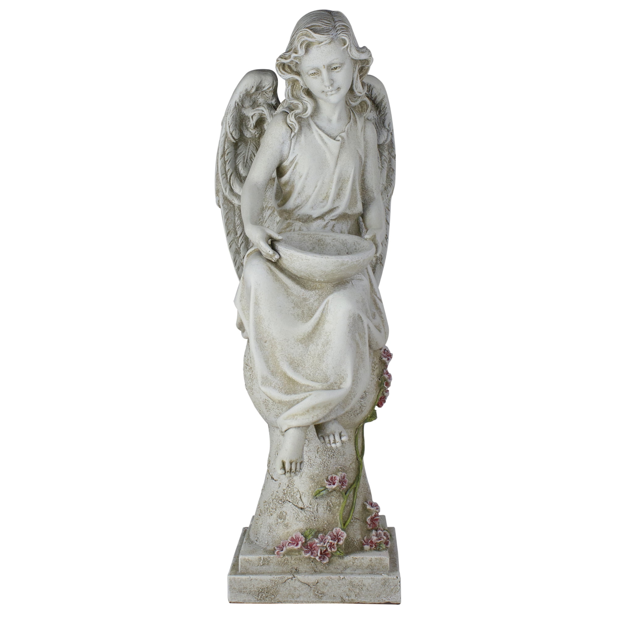 21" White Resin Angel on Pedestal with Blue LED Light