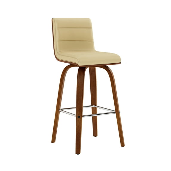 Vienna 26" Mid Century Modern Swivel Bar Stool in Walnut Wood Finish with Cream Faux Leather