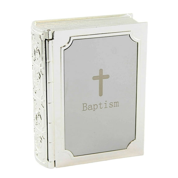 Religious Baptism Bible Keepsake Box Metal Church Book Silver 19777
