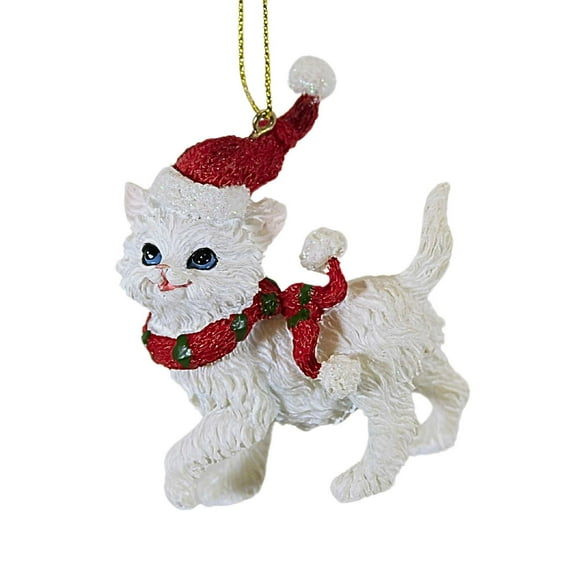 Roman 3.50In Cat Wearing Santa Hat, Polyresin, Kitten Feline 137020 White