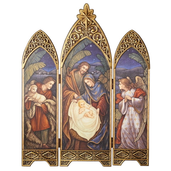 Roman 36.25" NATIVTY Triptych W/Angel Shepherd & Antique Gold Star