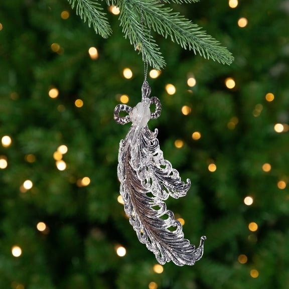 Roman 5.5" Feathers with Sparkling Glittered Christmas Ornament - Clear/Silver