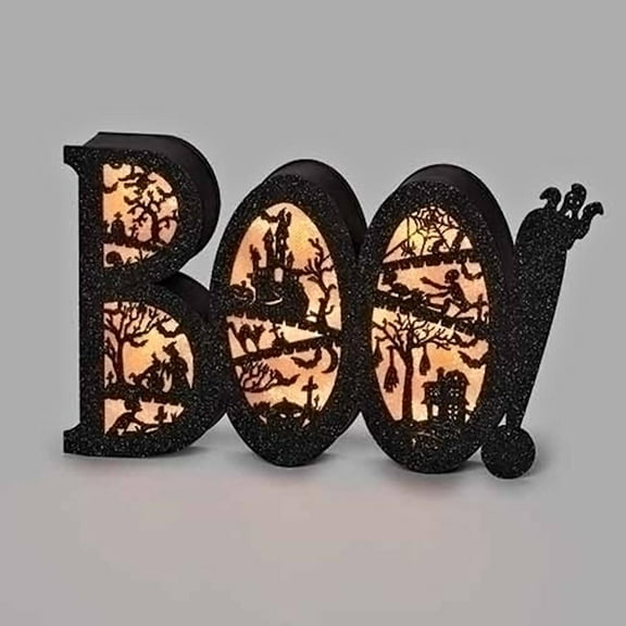 Roman 4.75In Boo Sign With Bats And Ghosts, Plastic, Led Glitter Laser Cut Out 135017