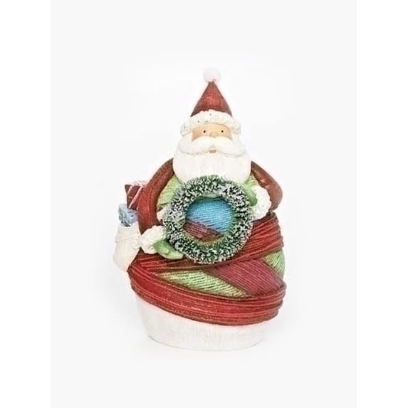Roman 6.5" Red and White Striped Yarn Wrapped Santa Claus with Wreath Christmas Figurine