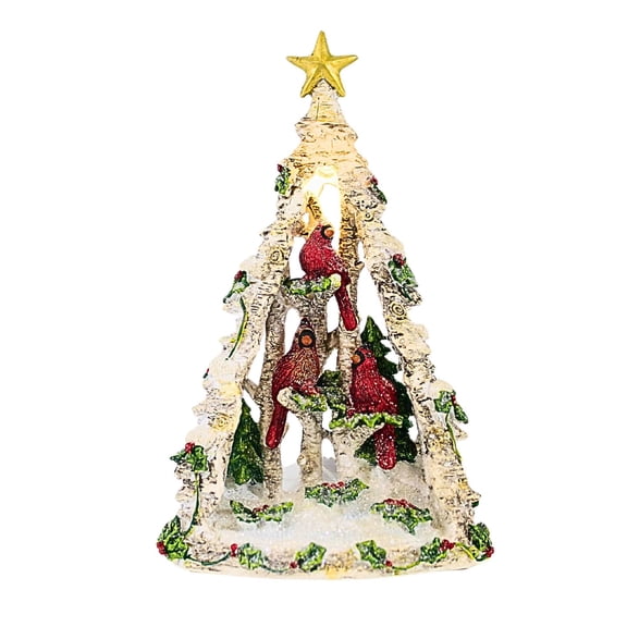 Roman 6.75In Cardinal Tree Figurine, Polyresin, Birch Tree Lighted 137180