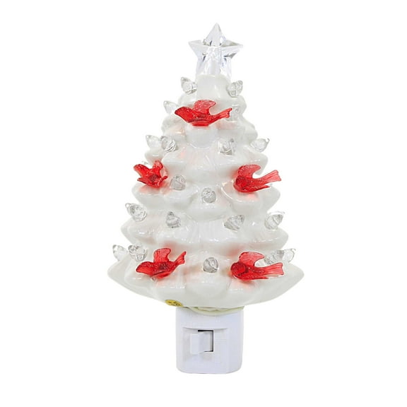 Roman 6.75In White Tree Night Light, Ceramic, Red Bird Cardinal Electric Plug-In 160321