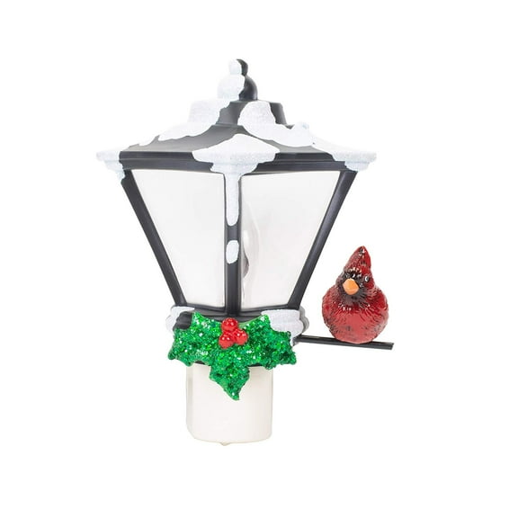 Roman Cardinal on a Snow Covered Street Lamp Flickering Christmas Night Light - 6"