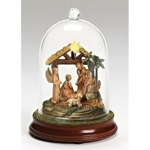 Roman 7.25" Brown and Yellow LED Lighted Musical Cloche Dome Nativity Scene Christmas Decor
