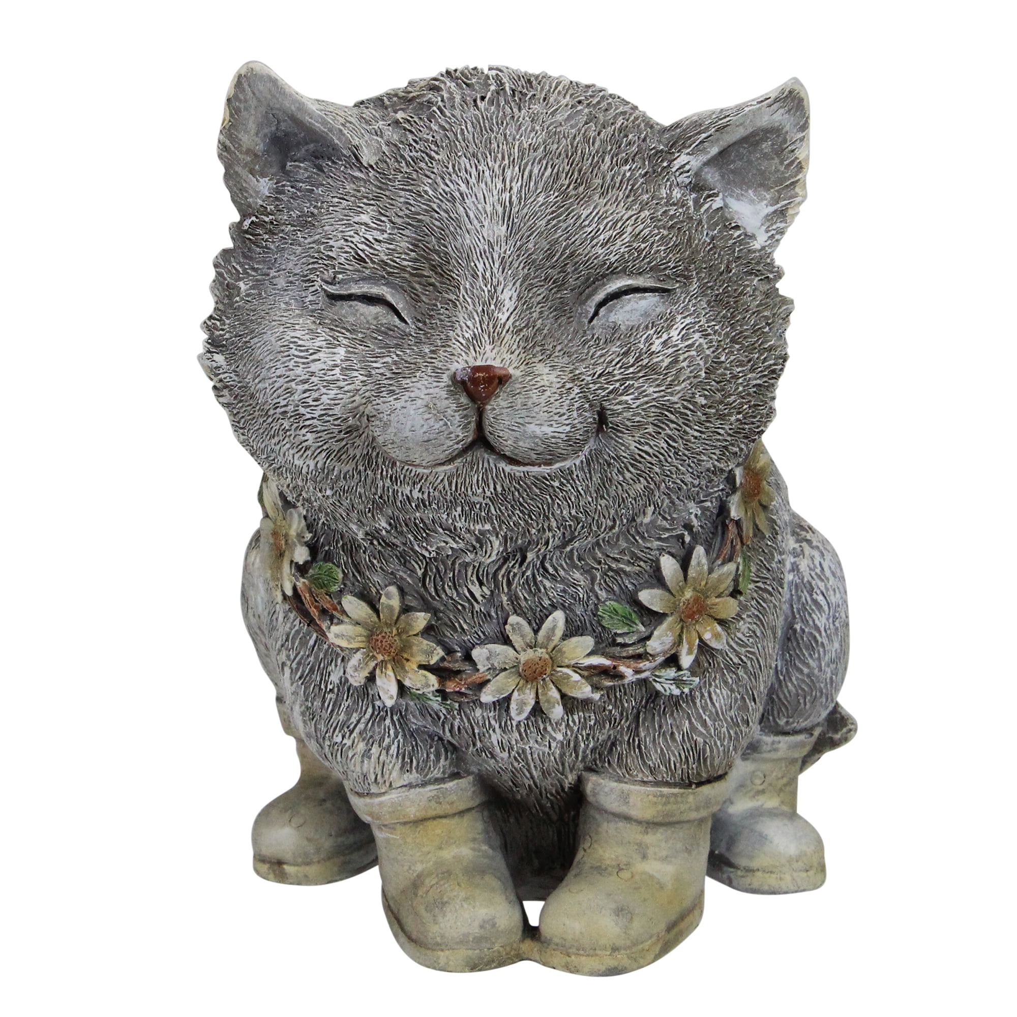 Gray and White Pudgy Cat Garden Statue with Yellow Rain Boots