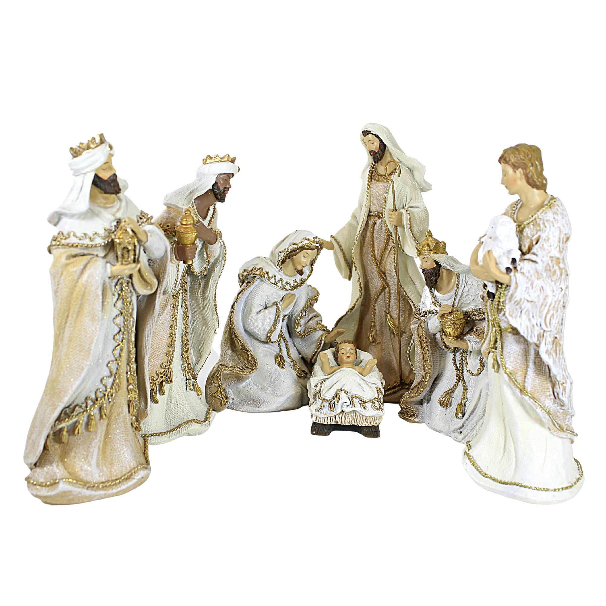 Elegant Woven Gold Trim Nativity Set - 8" Beige Polyresin Figures