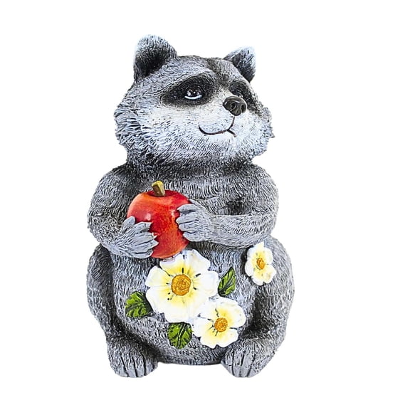 Roman 8.50In Raccoon Garden Statue, Polyresin, Apple Bandit Flowers 10142