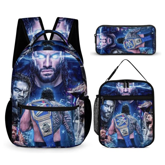 Roman And Reigns 3Pcs Backpacks Sets Book Bag with Lunch Bag And Pencil Case for Work Office Travel