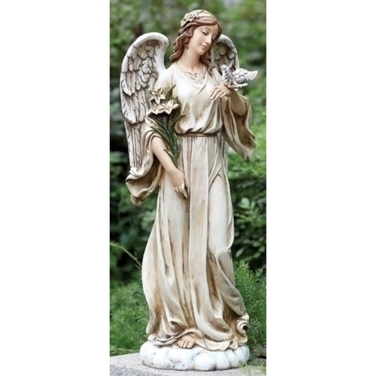 28-Inch Gray Resin Angel Statue with Dove and Flowers